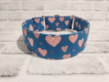Blue with Pink Hearts 2" Large Martingale Dog Collar 17"-24"