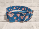 Blue with Pink Hearts 2" Large Martingale Dog Collar 17"-24"