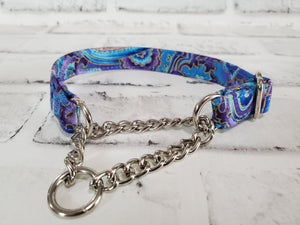 Blue and Purple Paisley 5/8" X-Small Chain Martingale Collar  9"-11"