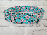 Pink Flowers on Aqua  2" Large Martingale Dog Collar 17"-24"