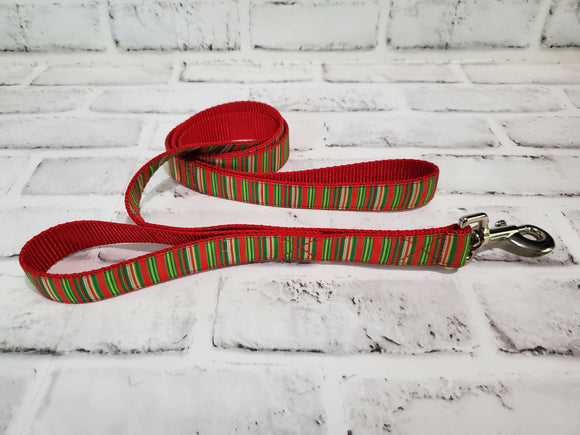 Christmas Stripes on red 4' Double Handle Leash