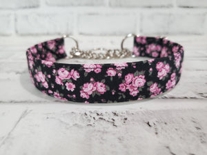 Tiny Pink Flowers on Black 1" Medium Chain Martingale Collar 12"-19"