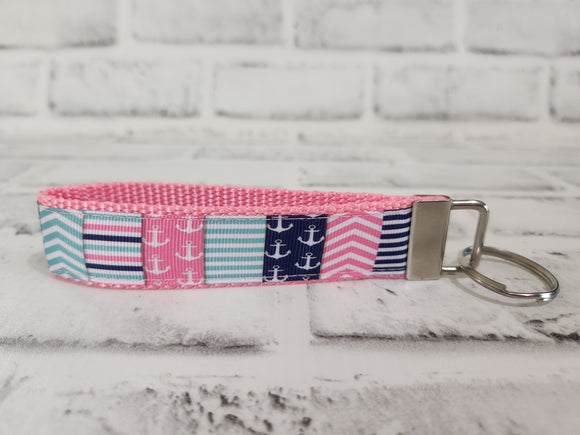 Pink Nautical Nylon Wristlet Keychain