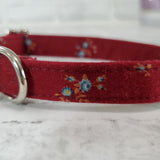 Deep Red Tiny Blue Flower 5/8" X-Small Buckle Collar  7"-11"