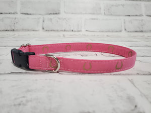 Pink with Gold Horseshoes 5/8" Small Buckle Collar 10"-15"