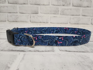 Breast Cancer Ribbon Blue Paisley 1" Large Buckle Collar 15"-24"