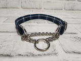 Navy Plaid 3/4" Small Chain Martingale Collar 10"-15"